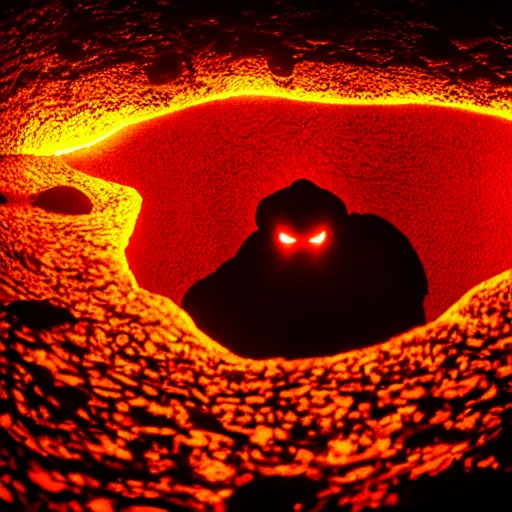 Image similar to head of kirby emerges from a lava lake, cave background, high detail, lava reflections, cave reflecting in lava lake, dramatic shot