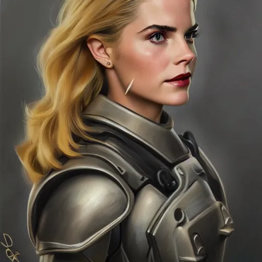 Prompt: A combination of Grace Kelly's and Emma Watson's and Ashley Greene's appearances with blonde hair wearing Power armor, full body portrait, western, D&D, fantasy, intricate, elegant, highly detailed, digital painting, artstation, concept art, matte, sharp focus, illustration, art by Donato Giancola and James Gurney