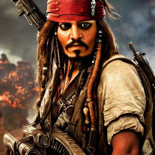 Image similar to captain jack sparrow in'gears of war '!!!, splash art, movie still, cinematic lighting, dramatic, octane render, detailed face, long lens, shallow depth of field, bokeh, anamorphic lens flare, 8 k, hyper detailed, 3 5 mm film grain