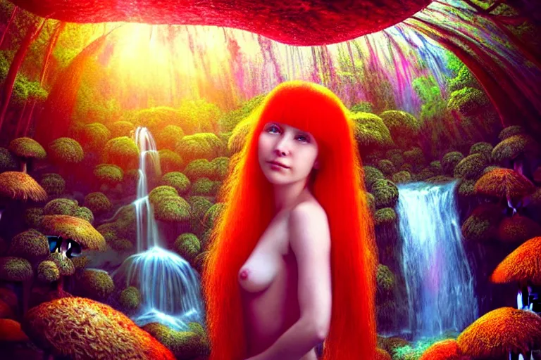 Prompt: a realistic portrait of a cute red haired mushroom goddess, inside a waterfall, in an enchanted psychedelic mushroom forest, butterflies, sunbeams at sunset, wlop