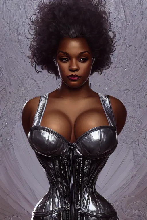 Image similar to cute black woman wearing a silver chrome corset dress, fantasy, intricate, highly detailed, digital painting, artstation, concept art, wallpaper, smooth, sharp focus, illustration, swirling energy, art by artgerm and greg rutkowski and alphonse mucha