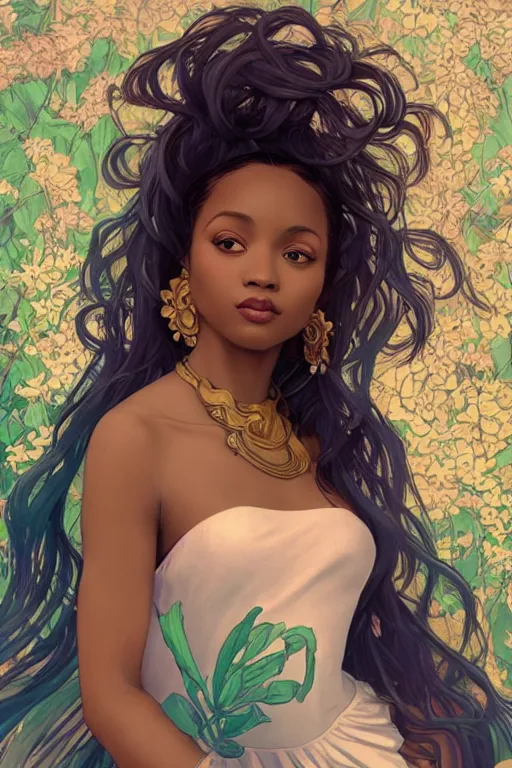 Image similar to beautiful black woman with gorgeous pastel balayage hairstyle, as seen on artgerm, octane render, in the style of alphonse mucha, ultra realistic, highly detailed, 8 k