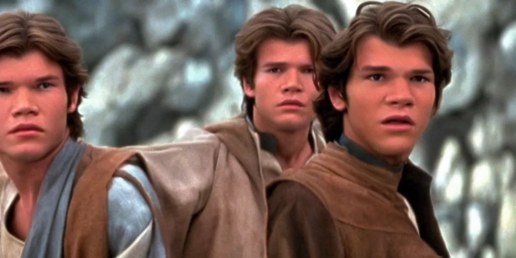 Image similar to A full color still from a film of a teenage Han Solo as a Jedi padawan, from The Phantom Menace, directed by Steven Spielberg, 35mm 1990
