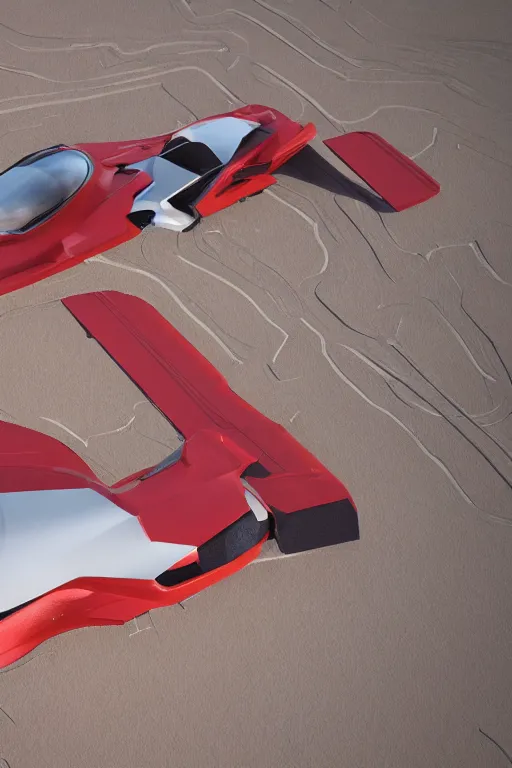 Prompt: professional photograph of a beautiful neo - futuristic simplified symmetrical spacecraft landed on a desert plateau by ilm, denis villeneuve, emmanuel shiu, zaha hadid, vapor, cinematic architectural scale, red paint detail, manga, dramatic, hypercar styling, volumetric, concept art, hard surface, hyperrealism, high detail, trending on artstation, sharp focus, rendered in octane