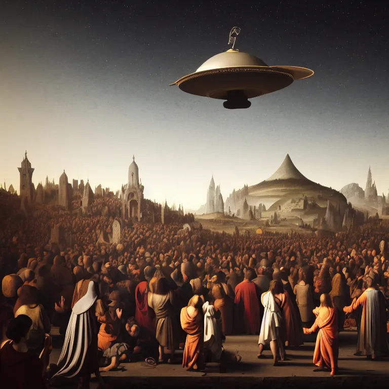 Image similar to crowd of medieval people surrounding UFO flying saucer, dream-like atmosphere, symmetrical baroque painting, perfect composition, beautiful detailed intricate insanely detailed octane render trending on Artstation, 8K artistic photography, photorealistic, soft natural volumetric cinematic perfect light, chiaroscuro, award-winning photograph, masterpiece, Raphael, Caravaggio, Greg Rutkowski, Beeple