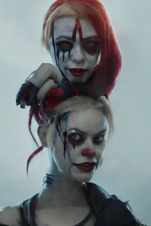 Image similar to a portrait of a scary Harley Quinn by Greg Rutkowski, Sung Choi, Mitchell Mohrhauser, Maciej Kuciara, Johnson Ting, Maxim Verehin, Peter Konig, final fantasy , mythical, 8k photorealistic, cinematic lighting, HD, high details, atmospheric,