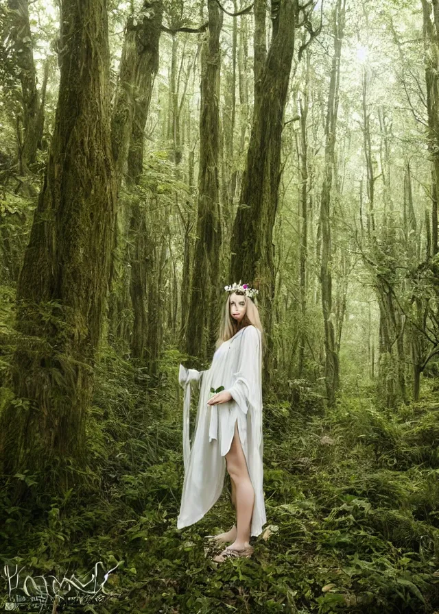 Image similar to young beautiful fey druid woman, full body portrait, long white hair, flower crown, long dark green robes, intricate, standing in a dark forest, sunbeams shining down, high fantasy, romanticism