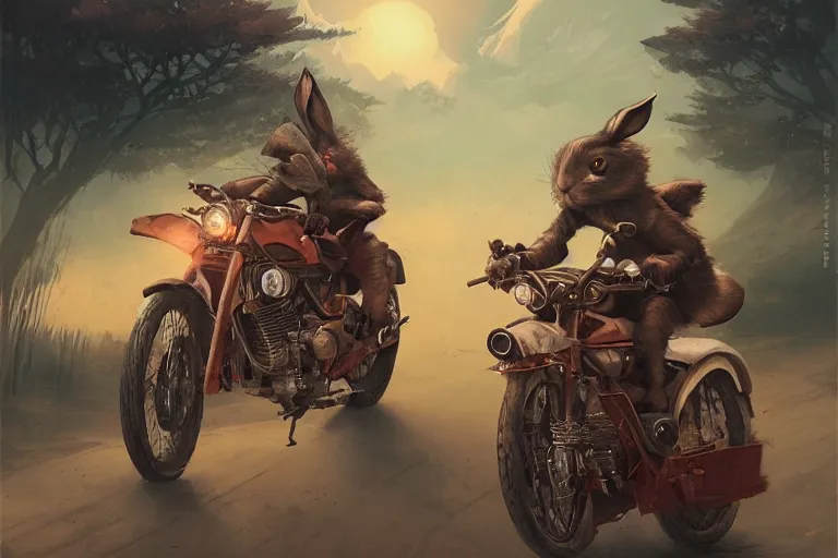 Image similar to bunny wearing a leather jacket riding a motorbike during sakura season on a blood moon, by peter mohrbacher, james jean, wlop, greg rutkowski, rule of thirds, beautiful landscape