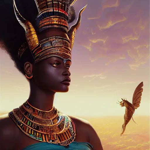 Image similar to highly detailed portrait of an african egyptian goddess, stephen bliss, unreal engine, fantasy art by greg rutkowski, loish, rhads, ferdinand knab, makoto shinkai and lois van baarle, ilya kuvshinov, rossdraws, tom bagshaw, global illumination, radiant light, detailed and intricate environment