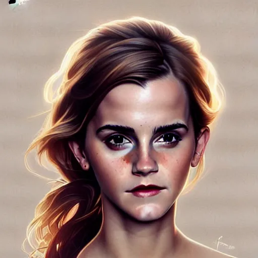 Image similar to beautiful portrait of emma watson, natural beauty expressive pose, fantasy, intricate, elegant, highly detailed, digital painting, artstation, concept art, smooth, sharp focus, illustration, art by artgerm and greg rutkowski and alphonse mucha