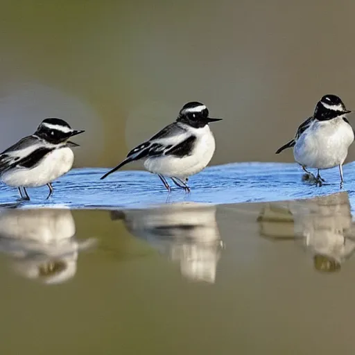 Image similar to three wagtails having a cool birthday party, photo, highly detailed