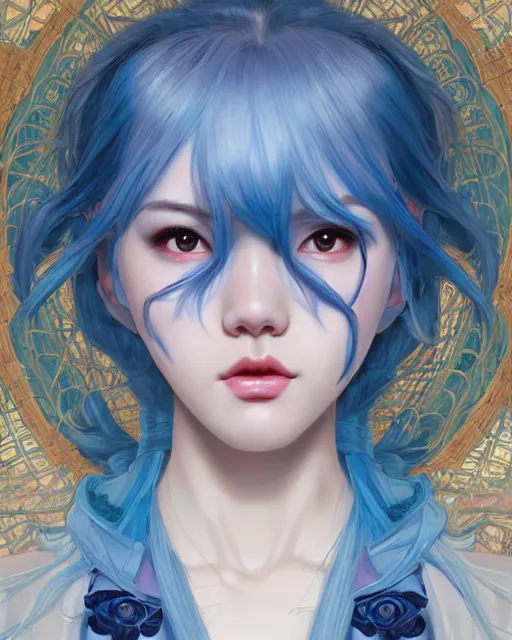 Image similar to symmetrical portrait of a pretty korean girl with blue hair dressed as a french maid digital painting, 8 k, concept art, art by wlop, artgerm, greg rutkowski and alphonse mucha
