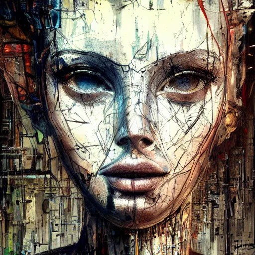 Prompt: human 3 d by woo, beautiful woman head made of mech mask rendered in unreal engine, cyberpunk, dark, scifi, painted by david burliuk | bernard buffet | carne griffiths | stanislaw lem