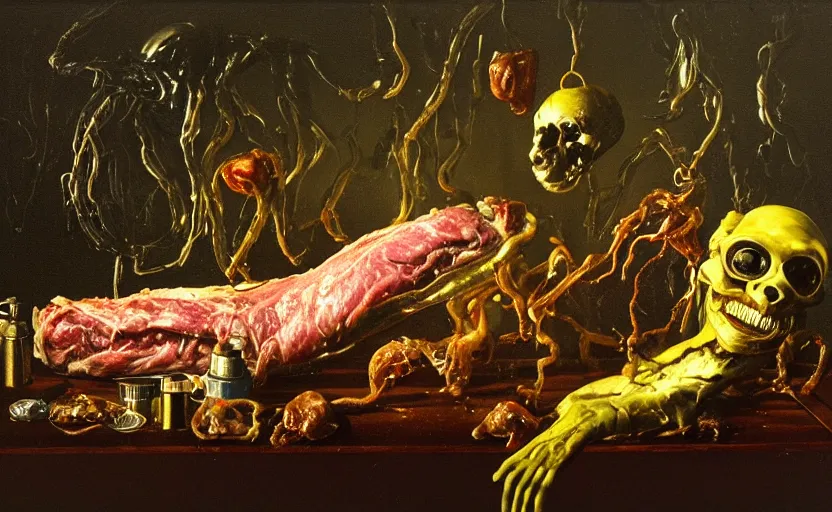 Prompt: strange cronenberg body, disturbing colorful oil painting dutch golden age vanitas still life sparse composition with bizarre objects strange gooey transparent surfaces shiny metal reflections bizarre mutant meat insects rachel ruysch dali todd schorr very detailed perfect composition rule of thirds masterpiece canon 5 0 mm, cinematic lighting, photography, retro, film, kodachrome