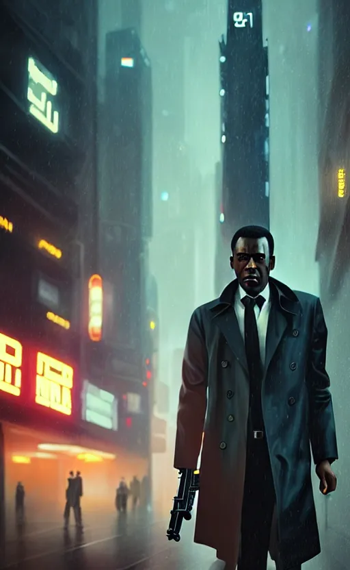 Prompt: hyper - realistic, digital matte painting of an attractive black male detective holding a blaster, wearing a suit and trench coat, blade runner environment, cinematic lighting, 4 k textures, sharp focus, by greg rutkowski, by ilya kuvshinov, by eric - anthony johnson