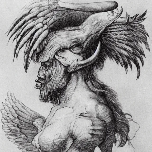 Image similar to human / eagle / lion / ox hybrid with two horns, one beak, mane and human body. drawn by da vinci