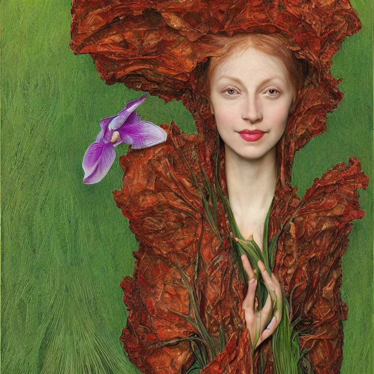 Image similar to a grinning girl with fish skin, plant patterns, her face looks like an orchid, she is the center of the garden, jan van eyck, ernst fuchs, egon schiele, trending on artstation, 8 k, award winning, facial symmetry, iris van herpen