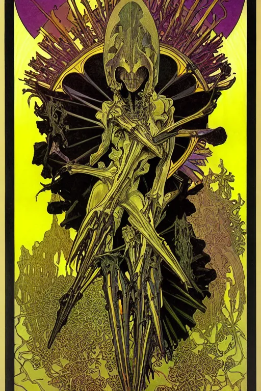 Prompt: black and yellow technicolor color risoprint, alphonse mucha, richard corben, wayne barlowe, moebius, heavy metal comic cover art, psychedelic triangular skeletal calcification fungus lich in darkiron spike armor, full body, hollow eyes, symmetrical face, long black crown, in a dungeon background, moody dark colors