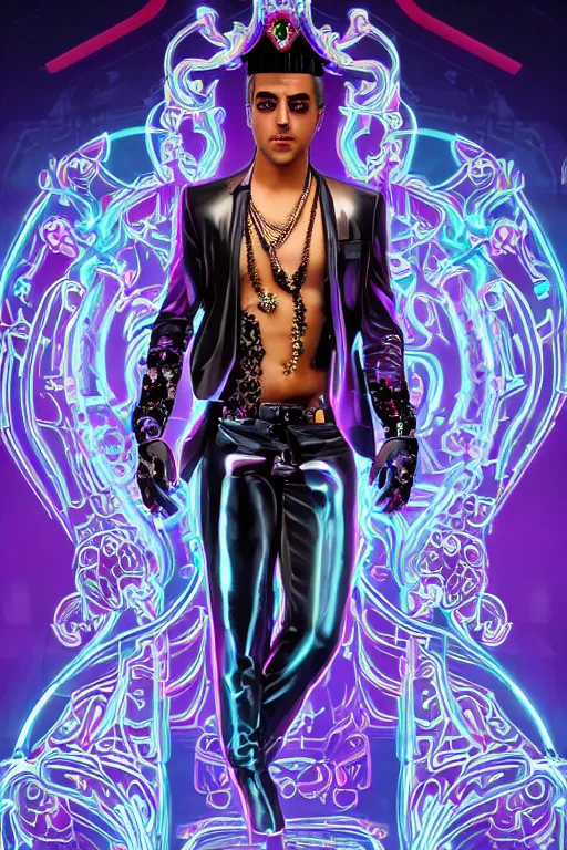 Image similar to full-body rococo and cyberpunk style neon statue of a muscular attractive Jay Sean sim roupa macho dotado e rico android sim roupa reclining con las piernas abiertas e la piroca dura e afuera, glowing white laser eyes, prince crown of red gears, diamonds, swirling black-colored silk fabric. futuristic elements. full-length view. space robots. alien skulls. intricate artwork by caravaggio. Trending on artstation, octane render, cinematic lighting from the right, hyper realism, octane render, 8k, depth of field, 3D