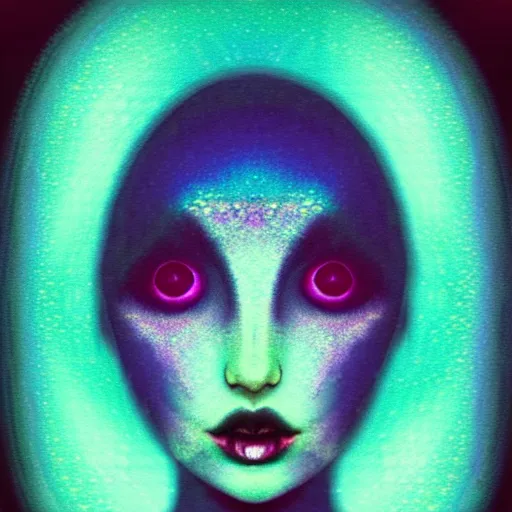 Prompt: grainy color polaroid of a beautiful feminine alien being consumed by darkness, iridescent eyes, dreamlike, digital art, intricate detail, 4k, hd