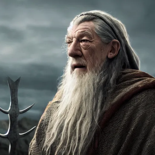 Image similar to distant landscape photo of the evil ian mckellen as gandalf in a dark viking hood playing odin all father from the thor movie crafting a neural network with synapses on am anvil, highly detailed, cinematic shot, cinematic lighting, 8 k, exquisit facial detail