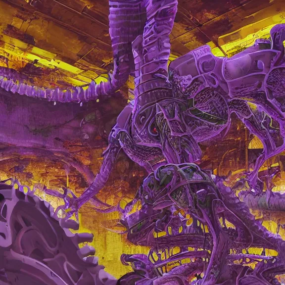 Image similar to detailed shot of inside a cavernous living stomach of a giant mecha dragon, the walls purple and pulsing, slimy and hot, lots of acid pooling up on the floor, digesting humans that ended up inside, swallowed by the dragon, food pov, micro pov, vore, digital art, furry art, high quality, 8k 3D realistic, macro art, micro art, Furaffinity, Deviantart, Eka's Portal, G6