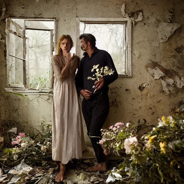 Image similar to closeup portrait of a couple eating flowers, in a desolate abandoned house overtaken by nature, by Annie Leibovitz and Steve McCurry, natural light, detailed face, CANON Eos C300, ƒ1.8, 35mm, 8K, medium-format print