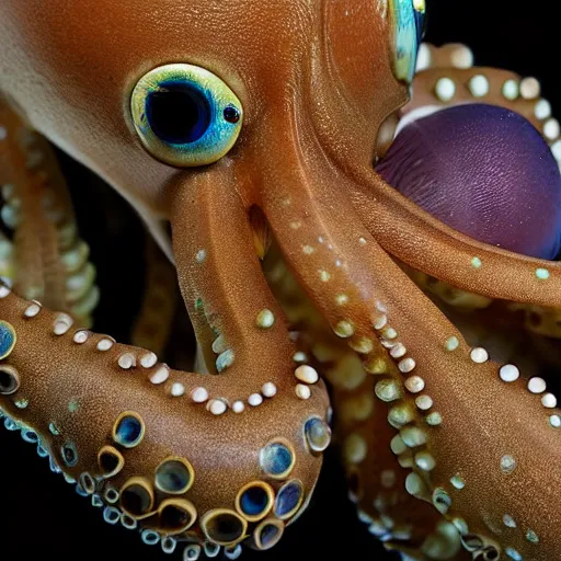 Image similar to a close up of an octopus with two large eyes, a macro photograph by craola, flickr contest winner, mingei, lovecraftian, grotesque, macro photography