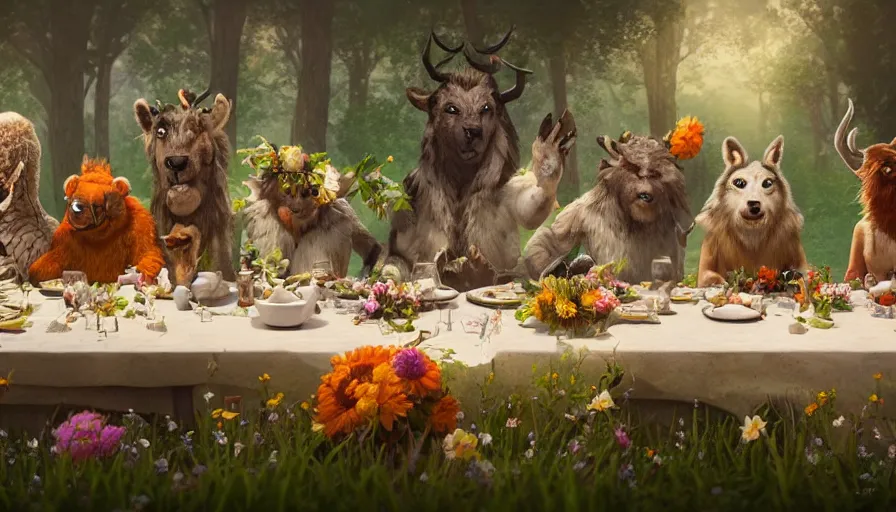 Image similar to a table dinner of animals where animals are dressed like the characters from the midsommar movie wearing flowers, realistic detailed digital art by maxwell boas jessica rossier christian dimitrov anton fadeev trending on artstation cgsociety rendered in unreal engine 4 k hq