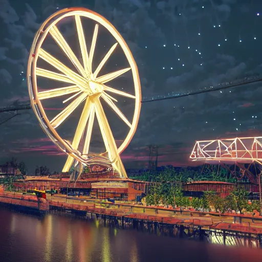 Prompt: one ferris wheel at night, hyperrealistic, concept art, octane render, unreal engine 5, trending on artstation, high quality, highly detailed, 8 k hdr, soft lighting, path traced, starry background, bloom, high coherence, symmetrical, high contrast, digital art, serene landscape, cinematic