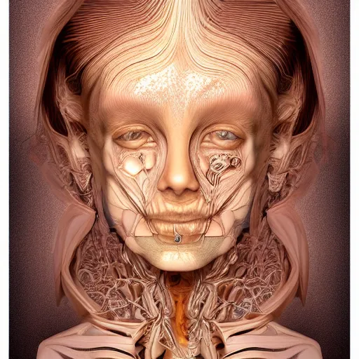 Image similar to beatifull face portrait of a woman, 150 mm, anatomical, flesh, flowers, mandelbrot fractal, facial muscles, veins, arteries, intricate, golden ratio, full frame, microscopic, elegant, highly detailed, ornate, ornament, sculpture, elegant , luxury, beautifully lit, ray trace, unreal, 3d, PBR, in the style of peter Gric , alex grey and Romero Ressendi