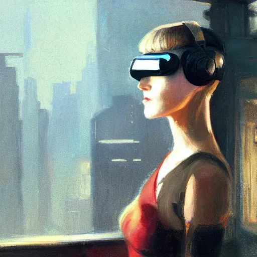 Image similar to rachael from bladerunner in vr helmet standing on the ledge by jeremy mann and edward hopper