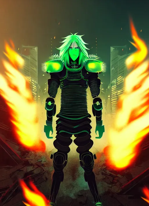 Prompt: a striking cinematic full body manga portrait of a male warrior with long blonde hair and blue eyes wearing evil green spiked cyberpunk armour and standing in the desolate burning ruins of a futuristic city by hirohiko araki and beeple, fine details, digital art, character concept art, volumetric lighting, cinematic light, photorealistic