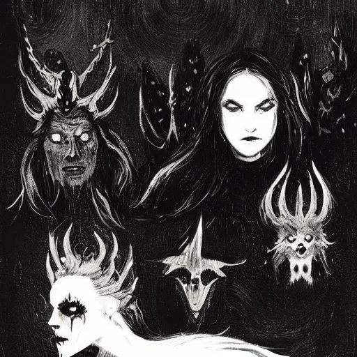 Image similar to portrait of a scandinavian holy undead witch female with animal horns, satanic brothers grim by anato finnstark kvlt by peder balke by peder balke by greg rutkowski, by guido crepax by norman bluhm mystic high contrast monochromatic noir
