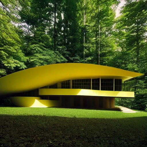 Prompt: architecture ad for a mid-century modern house in the middle of the forrest, designed by Zaha Hadid. Shell. Film grain, cinematic, yellow hue