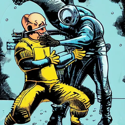 Image similar to chainsaw armadillo fighting mr freeze, style of Adams, Arthur, comic book