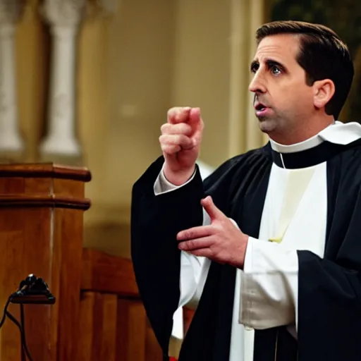 Prompt: Michael Scott as a Catholic priest giving a sermon at the pulpit