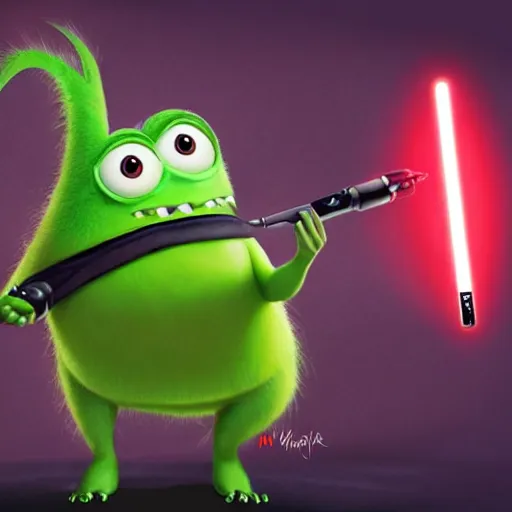 Prompt: mike wazowski as a sith with lighstaber, monster's inc