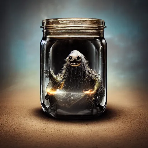 Image similar to Evil monster in a jar by Greg Rutkowski, product photography, centered, studio lightning