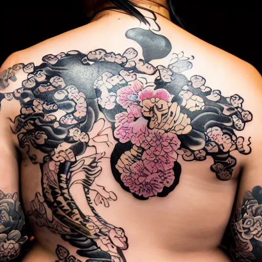 Image similar to photography of the back of a woman with a black detailed irezumi tatto representing a gold tiger with pink flowers on her entire back, mid-shot, editorial photography