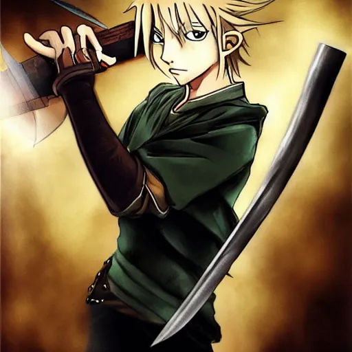 Image similar to young blonde boy fantasy thief with daggers in a tavern, full metal alchemist, anime style