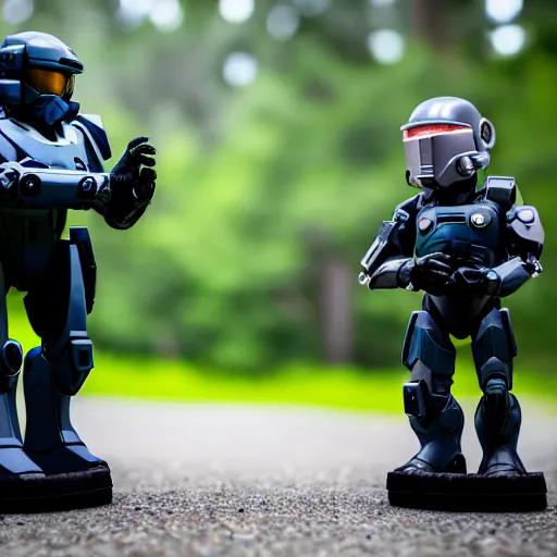 Prompt: Master Chief and Robocop, love at first sight, sigma 85mm f/1.4, 4k, depth of field, high resolution, 4k, 8k, hd, full color