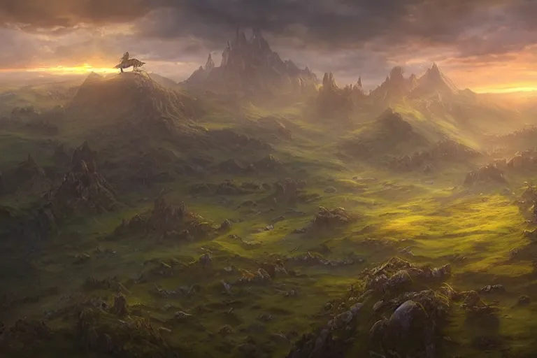 Prompt: high aerial shot, fantasy landscape, sunset lighting ominous shadows, cinematic fantasy painting, dungeons and dragons, rolling hills farmland and pastures, foothills by jessica rossier and brian froud
