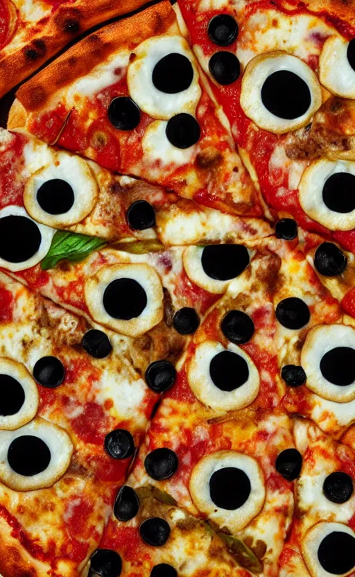 Prompt: photograph. pizza with eyes, photo, photorealistic, realistic, detailed, hyperrealistic, 4 k, 8 k, hdr, 1 6 k