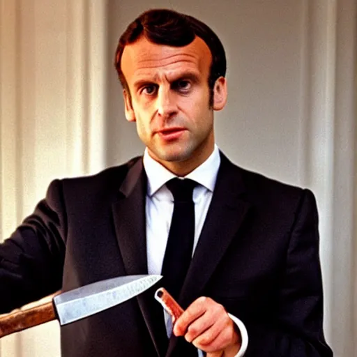 Image similar to Emmanuel Macron using a knife in American Psycho (1999)