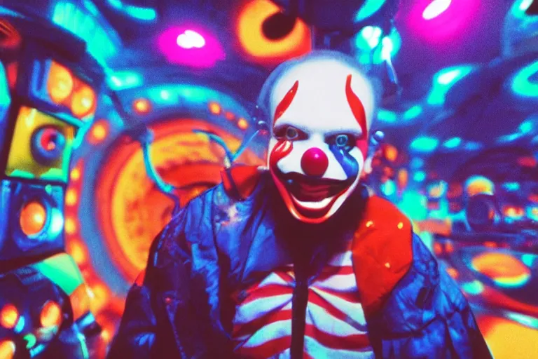 Image similar to friendly cyborg - clown emerging from a space portal in cyberspace, fractal, in 1 9 8 5, y 2 k cutecore clowncore, bathed in the glow of a crt television, crt screens in background, low - light photograph, in style of tyler mitchell