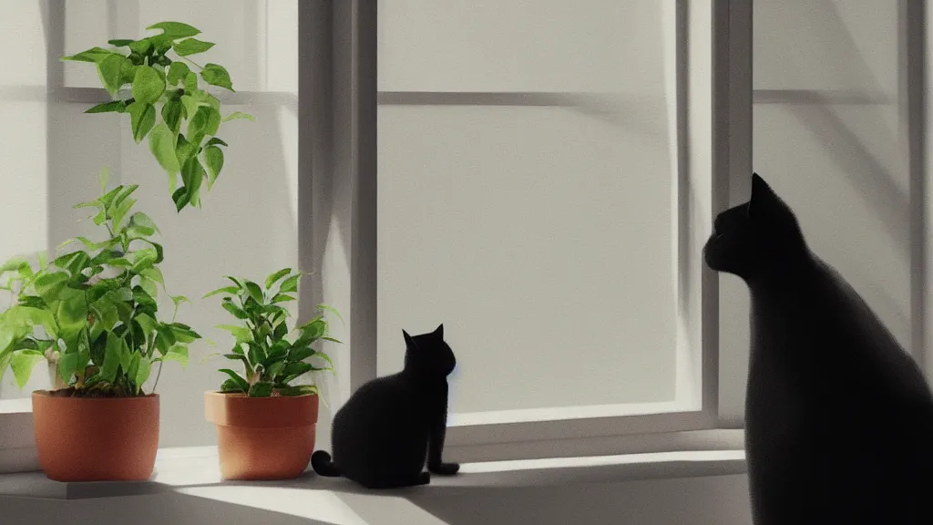 Image similar to peaceful dreamy painting of a black cat sitting by a window and looking outside, sunshine coming through the window, small plants on the window sill, 8k, hyper realism, trending on artstation, octane render