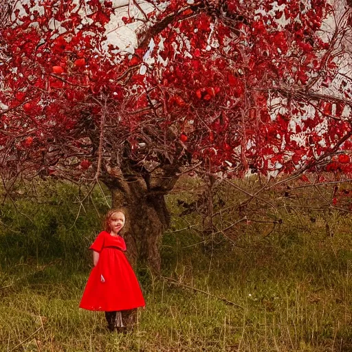 Prompt: a girl in a white cotton dress. a decaying georgian farmhouse. a tree of red apples. folk. gothic