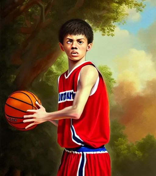 Prompt: portrait of a boy at a basketball court playing basketball wearing a basketball uniform in a basketball court standing near the basketball hoop, painted in 1776, intense emotion, detailed facial expression, detailed surroundings, intricate, elegant, highly detailed, centered, digital painting, artstation, concept art, smooth, sharp focus, illustration, by (Peter Mohrbacher), WLOP