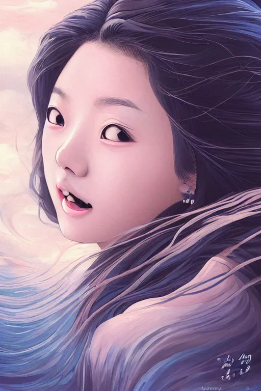 Prompt: beautiful young heroine like twice tzuyu+laughing+happy+smoky eyes+front face with light flowing hair smiling, great wave of hokusai, oil painting, portrait, acryllic spill, intricate complexity, rule of thirds, in the style of Kazuki Tanahashi, Genzoman, face by Artgerm and WLOP, fantasy character concept, Artgerm, watermark, blurry,cropped, 8k